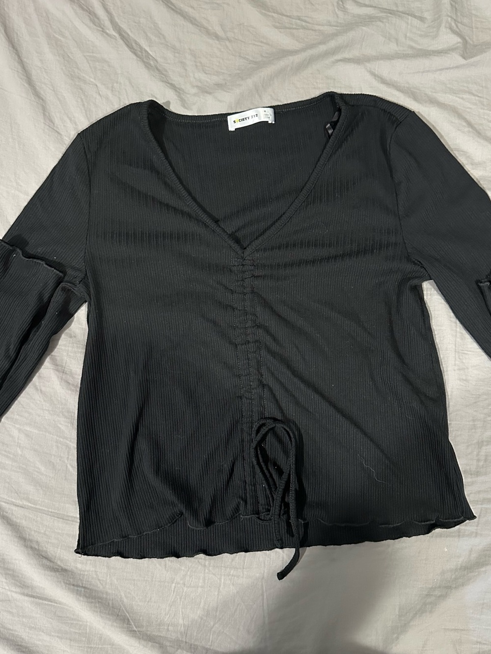 Society Black Ruched V-Neck Long Sleeve Top